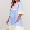  Joelle Striped Ric Rac Puff Sleeve Collared Mini Dress
