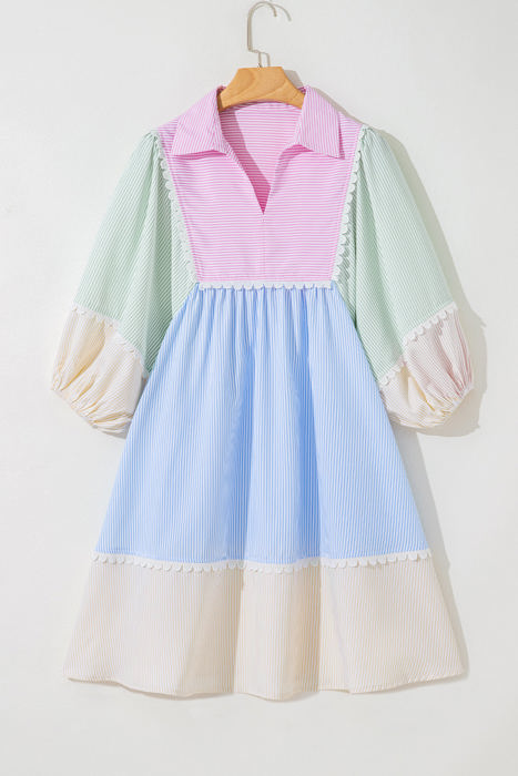Joelle Striped Ric Rac Puff Sleeve Collared Mini Dress
