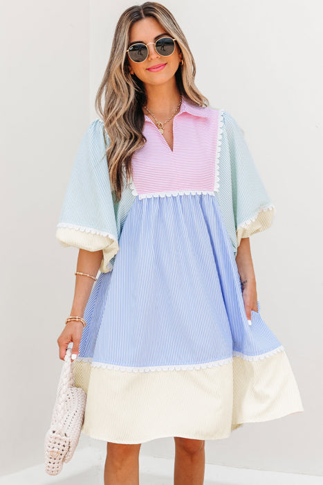 Joelle Striped Ric Rac Puff Sleeve Collared Mini Dress
