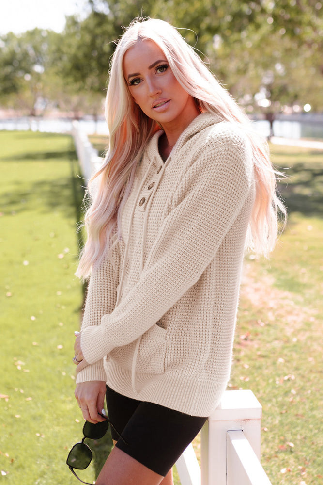 Joelle Waffle Knit Buttons Hooded Sweater