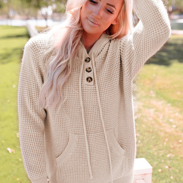 Joelle Waffle Knit Buttons Hooded Sweater | Jane.com