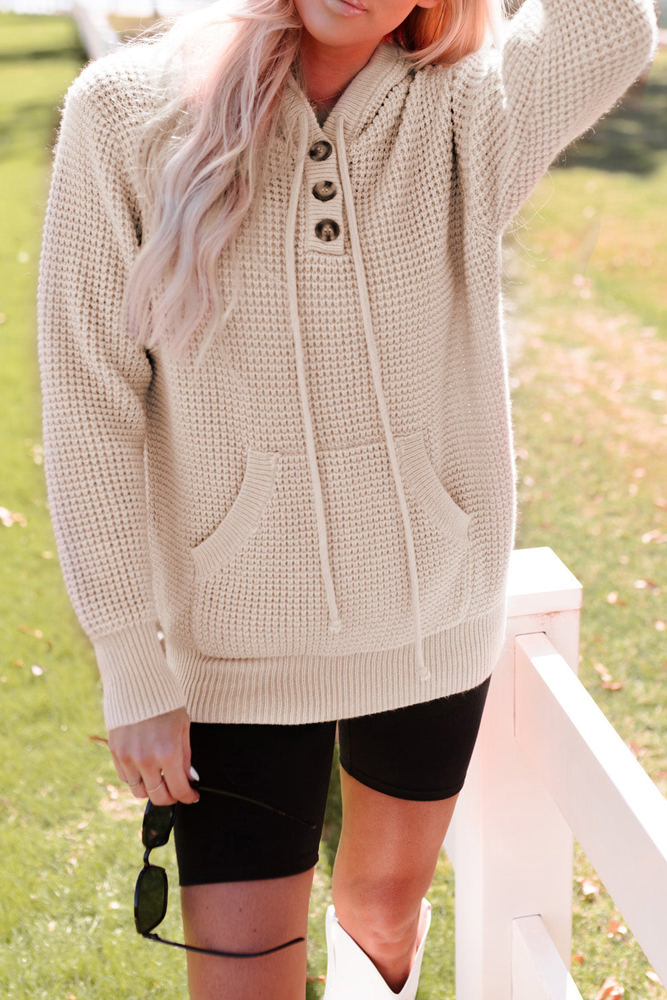 Joelle Waffle Knit Buttons Hooded Sweater