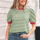 Green Stripe Small Joy Sleeve Contrast Trim Tee