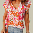 Multicolored Large Joy Split V Neck Ruffle Sleeve Floral Blouse