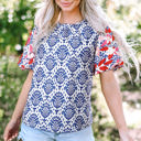 Blue Large Julieta Floral Puff Sleeve Frilled Neck Blouse