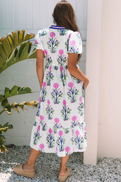 Julietta Floral Puff Short Sleeve V Neck High Waist Maxi Dress