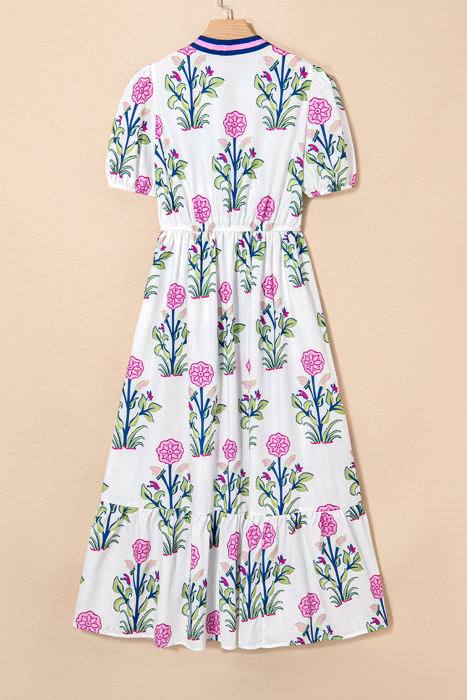Julietta Floral Puff Short Sleeve V Neck High Waist Maxi Dress