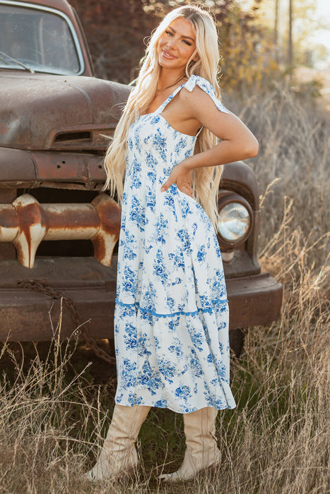 Kai Floral Shirred Knot Shoulder Sleeveless Long Dress