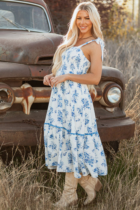 Kai Floral Shirred Knot Shoulder Sleeveless Long Dress