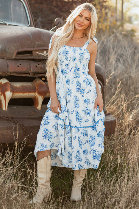 Kai Floral Shirred Knot Shoulder Sleeveless Long Dress