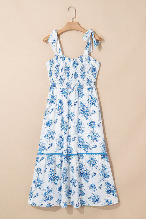 Kai Floral Shirred Knot Shoulder Sleeveless Long Dress