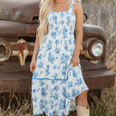 Sky Blue XL Kai Floral Shirred Knot Shoulder Sleeveless Long Dress