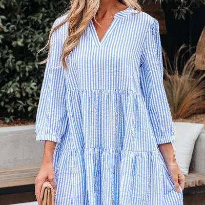 Kaia Stripe Bracelet Sleeve Tiered Dress with Pockets
