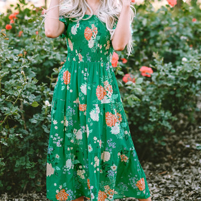 Kailany Floral Bubble Sleeve Smocked Tiered Midi Dress