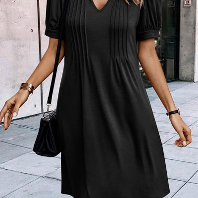 Kaitlyn Notched Neck Pleated Puff Sleeve Shift T-shirt Dress