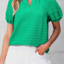  Kalani Textured Puff Short Sleeve Notched V Neck Top