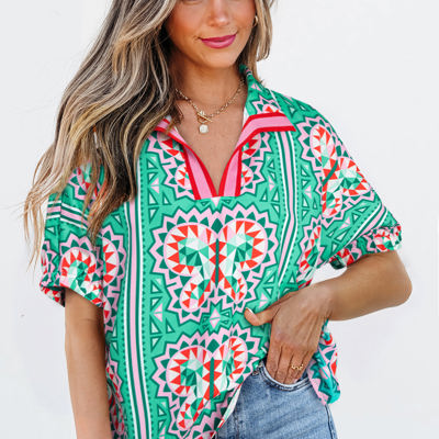 Kamiyah Boho Abstract Striped Collared V Neck Blouse