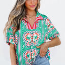  Kamiyah Boho Abstract Striped Collared V Neck Blouse