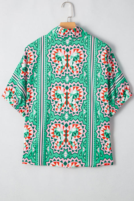 Kamiyah Boho Abstract Striped Collared V Neck Blouse