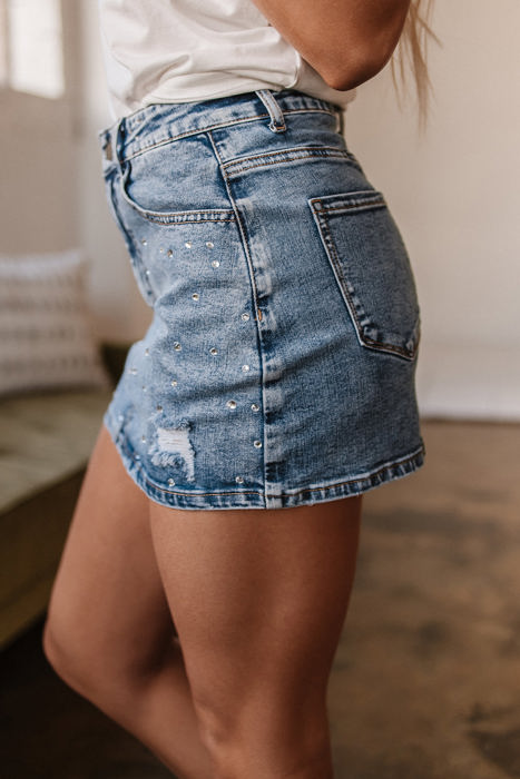 Kamryn Rhinestone Distressed Denim Skirt