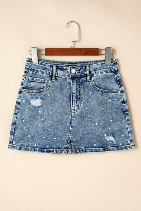 Kamryn Rhinestone Distressed Denim Skirt