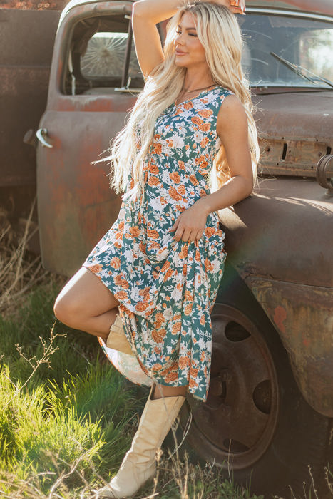 Kara Floral Tie Waist Sleeveless Holiday Long Dress