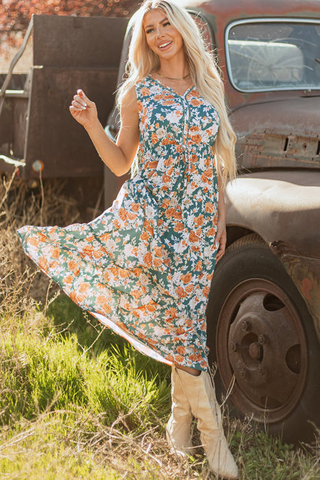 Kara Floral Tie Waist Sleeveless Holiday Long Dress
