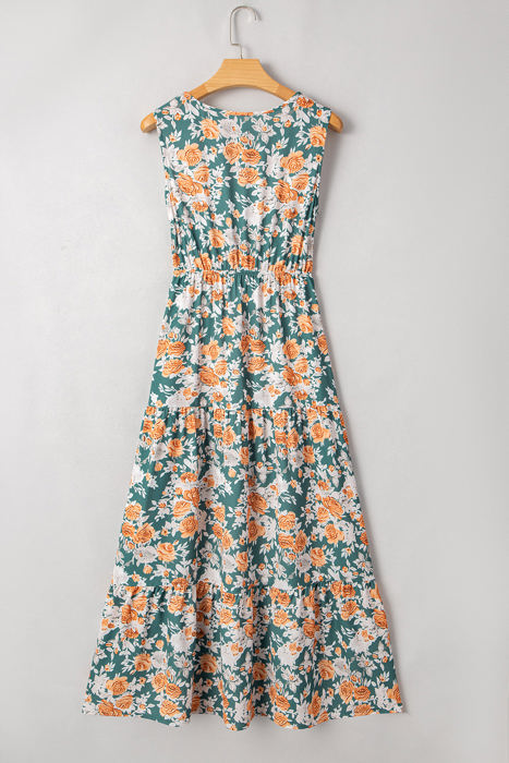 Kara Floral Tie Waist Sleeveless Holiday Long Dress