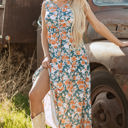 Green XL Kara Floral Tie Waist Sleeveless Holiday Long Dress