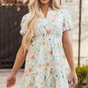  Katharine Floral Shirred High Waist Puff Sleeve Mini Dress