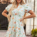  Katharine Floral Shirred High Waist Puff Sleeve Mini Dress