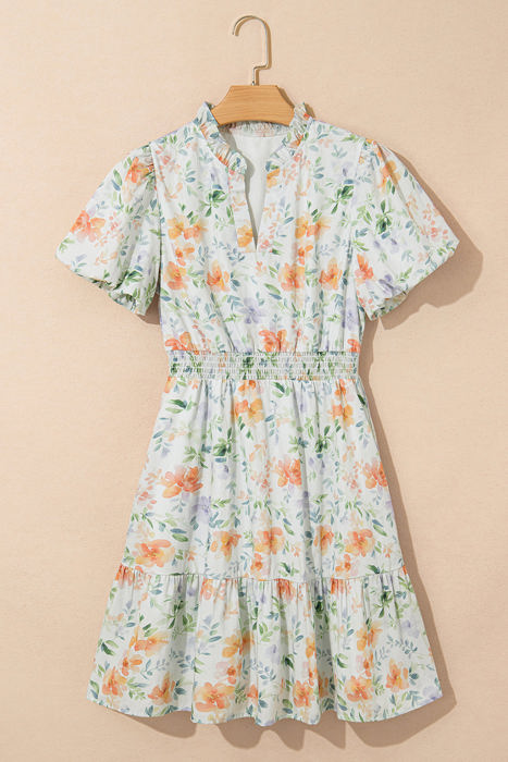 Katharine Floral Shirred High Waist Puff Sleeve Mini Dress