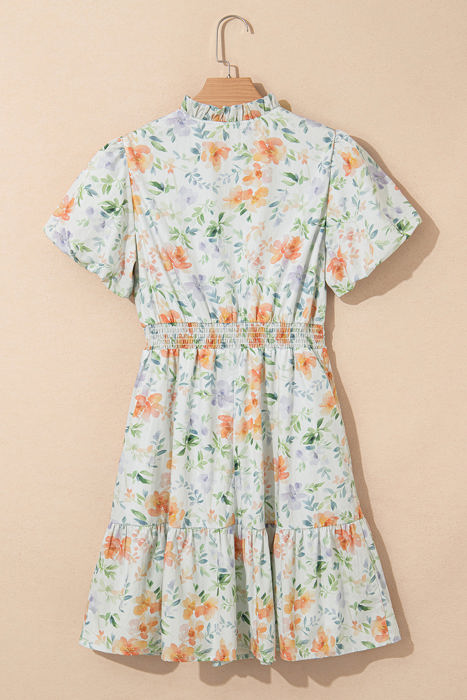 Katharine Floral Shirred High Waist Puff Sleeve Mini Dress