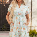 Beige XL Katharine Floral Shirred High Waist Puff Sleeve Mini Dress