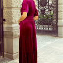  Katherine Velvet Short Sleeve Shirred Waist Tiered Dress