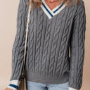  Kayle Ribbed Edge Cable Knit V Neck Sweater