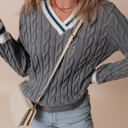  Kayle Ribbed Edge Cable Knit V Neck Sweater