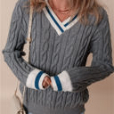  Kayle Ribbed Edge Cable Knit V Neck Sweater