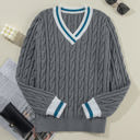  Kayle Ribbed Edge Cable Knit V Neck Sweater