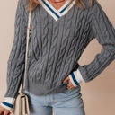 Gray Large Kayle Ribbed Edge Cable Knit V Neck Sweater