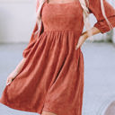  Kaylee Suede Square Neck Puff Sleeve Dress