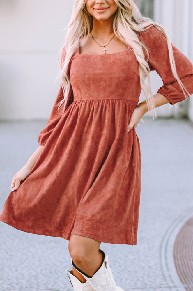 Kaylee Suede Square Neck Puff Sleeve Dress