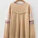  Khaki Exposed Seam Floral Mixed Patchwork Relaxed Plus Size Top
