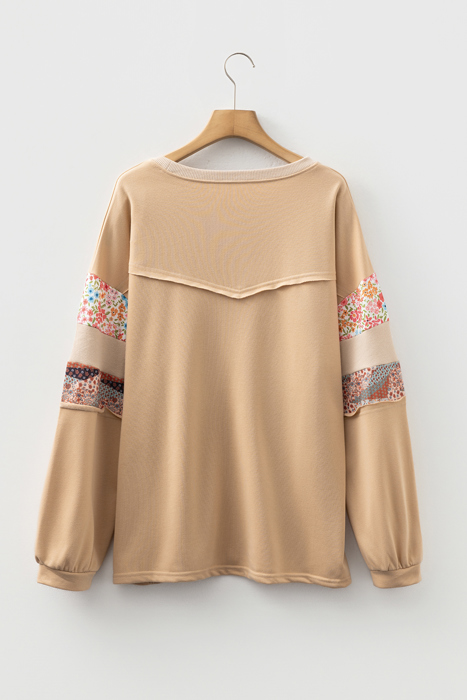 Khaki Exposed Seam Floral Mixed Patchwork Relaxed Plus Size Top