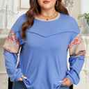 Blue 1X Khaki Exposed Seam Floral Mixed Patchwork Relaxed Plus Size Top