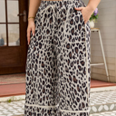  Khaki Exposed Seam Patched Pocket Plus Size Drawstring Leopard Wide Leg Pants