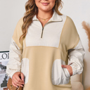  Khaki Stripe Mix Half Zip French Terry Plus Size Sweatshirt