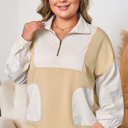  Khaki Stripe Mix Half Zip French Terry Plus Size Sweatshirt