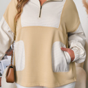  Khaki Stripe Mix Half Zip French Terry Plus Size Sweatshirt