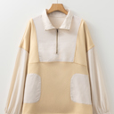  Khaki Stripe Mix Half Zip French Terry Plus Size Sweatshirt